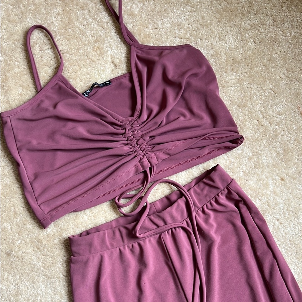 Ruched Mauve Crop Top and Pants Set